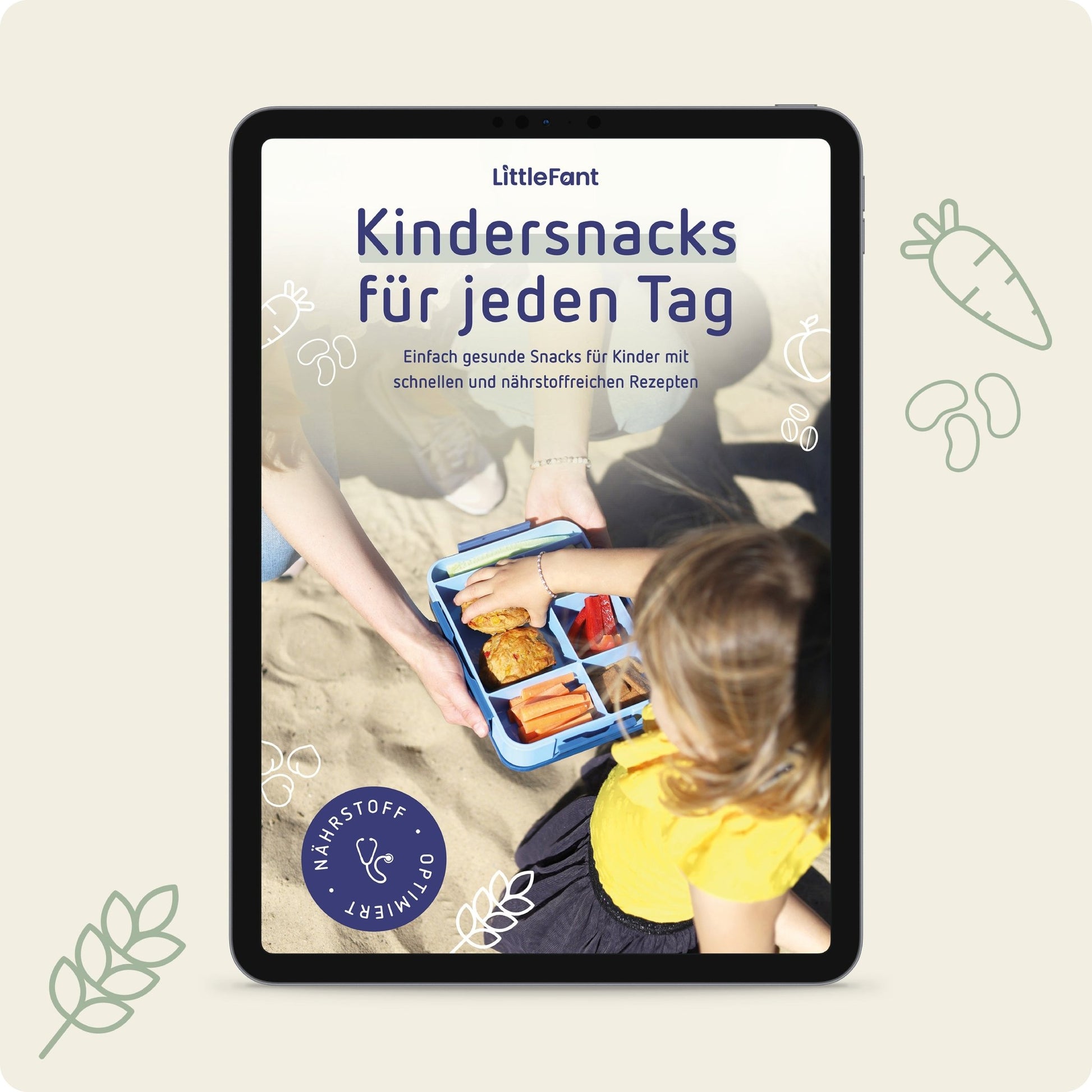 eBook-Cover Snacks für Kinder, Mädchen nimmt mit Freude ein nährstoffreiches Brötchen aus gesunder Brotdose.